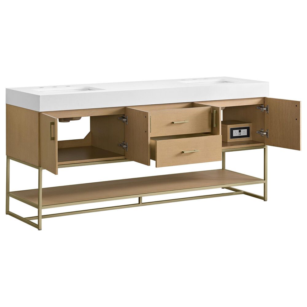 37B Mauri 72" Double Bathroom Vanity with Metal Base in Warm Oak with High-Profile 4" White Composite Stone Top, , large