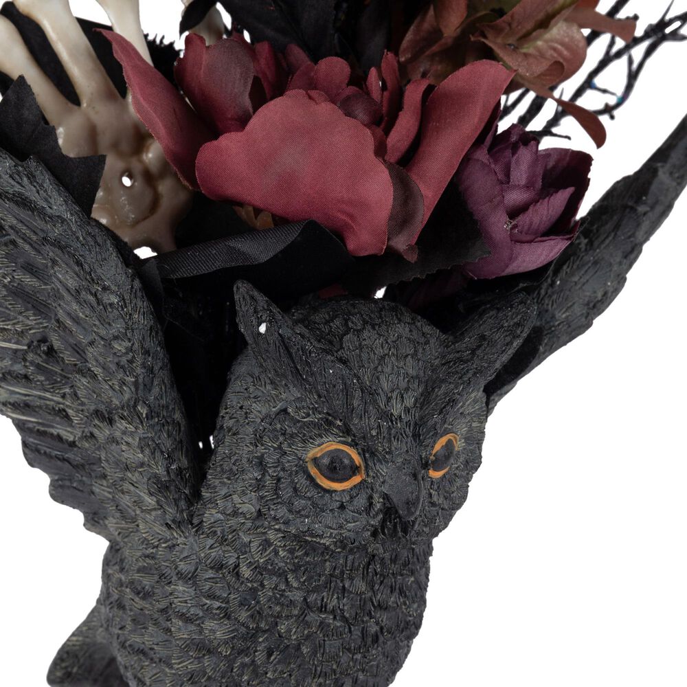 The Gerson Company 20&quot;H Resin Halloween Owl with Floral Arrangement in Black, , large