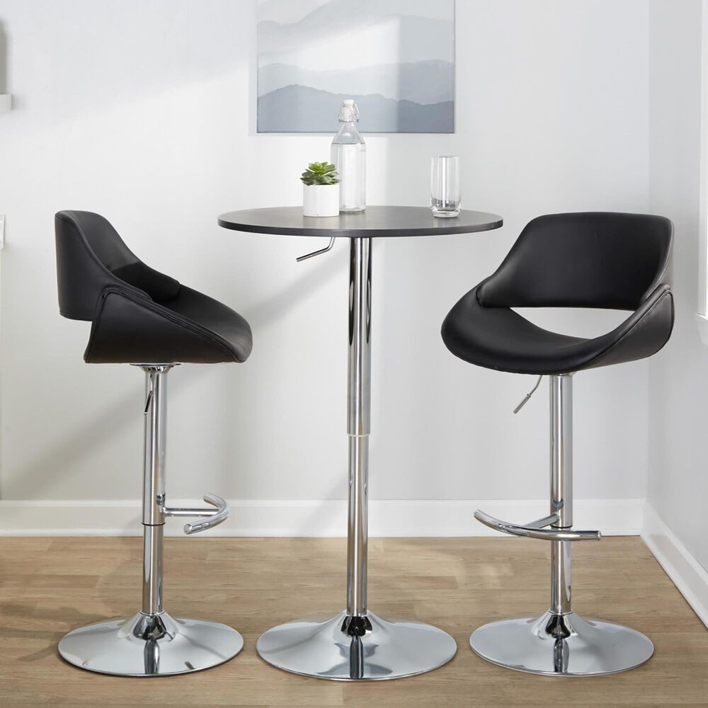 LumiSource Fabrico Swivel Adjustable Bar Stool with Black Faux Leather Upholstery and Rounded T Footrest in Chrome (Set of 2), , large