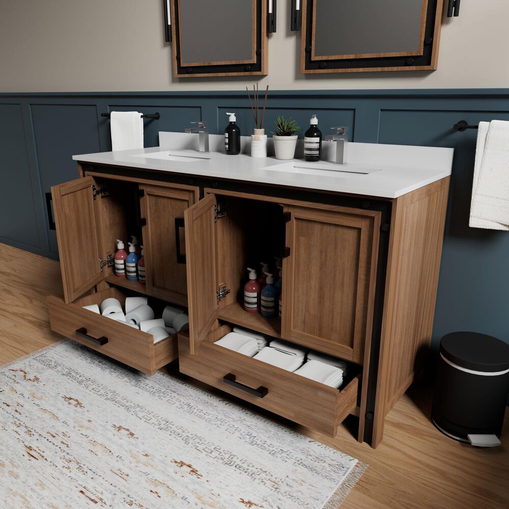 Lexora Home Ziva 60" Double Bathroom Vanity in Rustic Barnwood with 2 cm White Quartz Top and Rectangular Sinks, , large