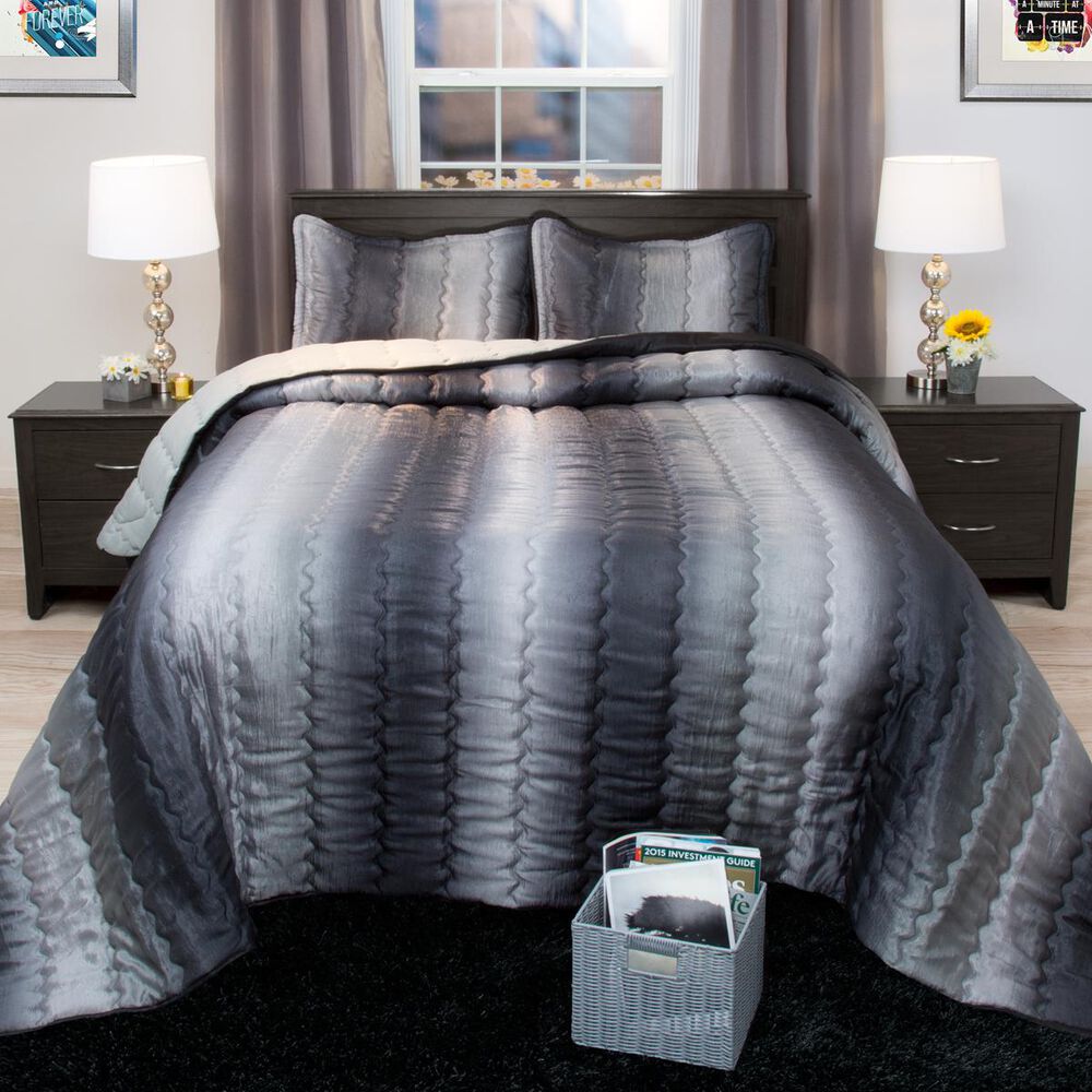 Timberlake Lavish Home Striped Metallic Twin Bedspread Set in Charcoal/Silver, , large