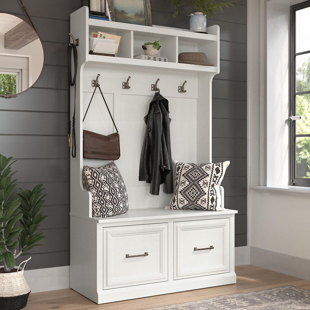 Bush Woodland Hall Tree with Storage Bench in White Nebraska