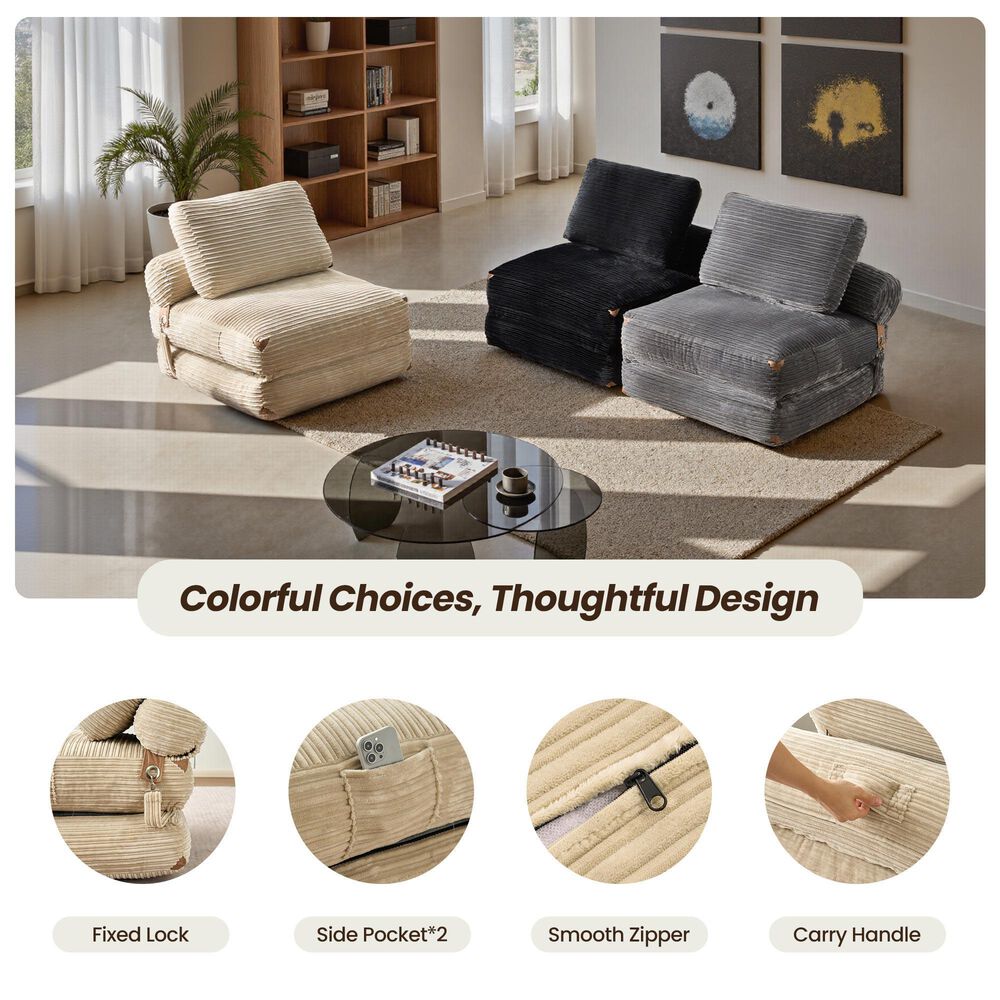 HOMLUX Convertible Sleeper Chair with Pillow and Back Support in Beige, , large