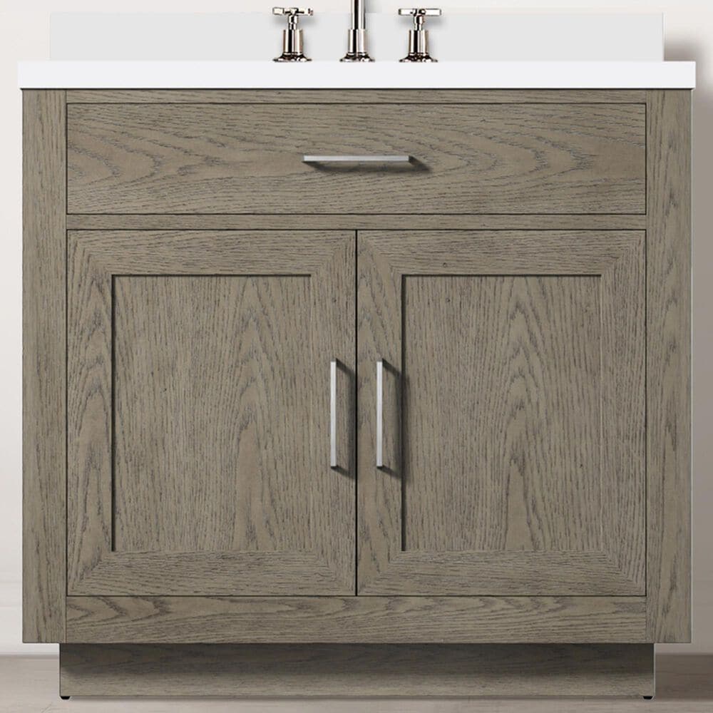 Lexora Home Abbey 36&quot; Single Bathroom Vanity in Grey Oak with 2 cm White Quartz Top and Rectangular Sink, , large