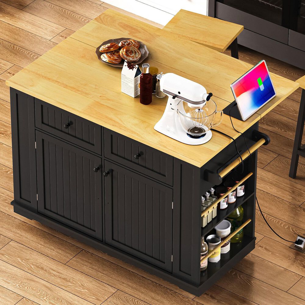 HOMLUX 48" Kitchen Island with Drop Leaf in Black and Natural, , large