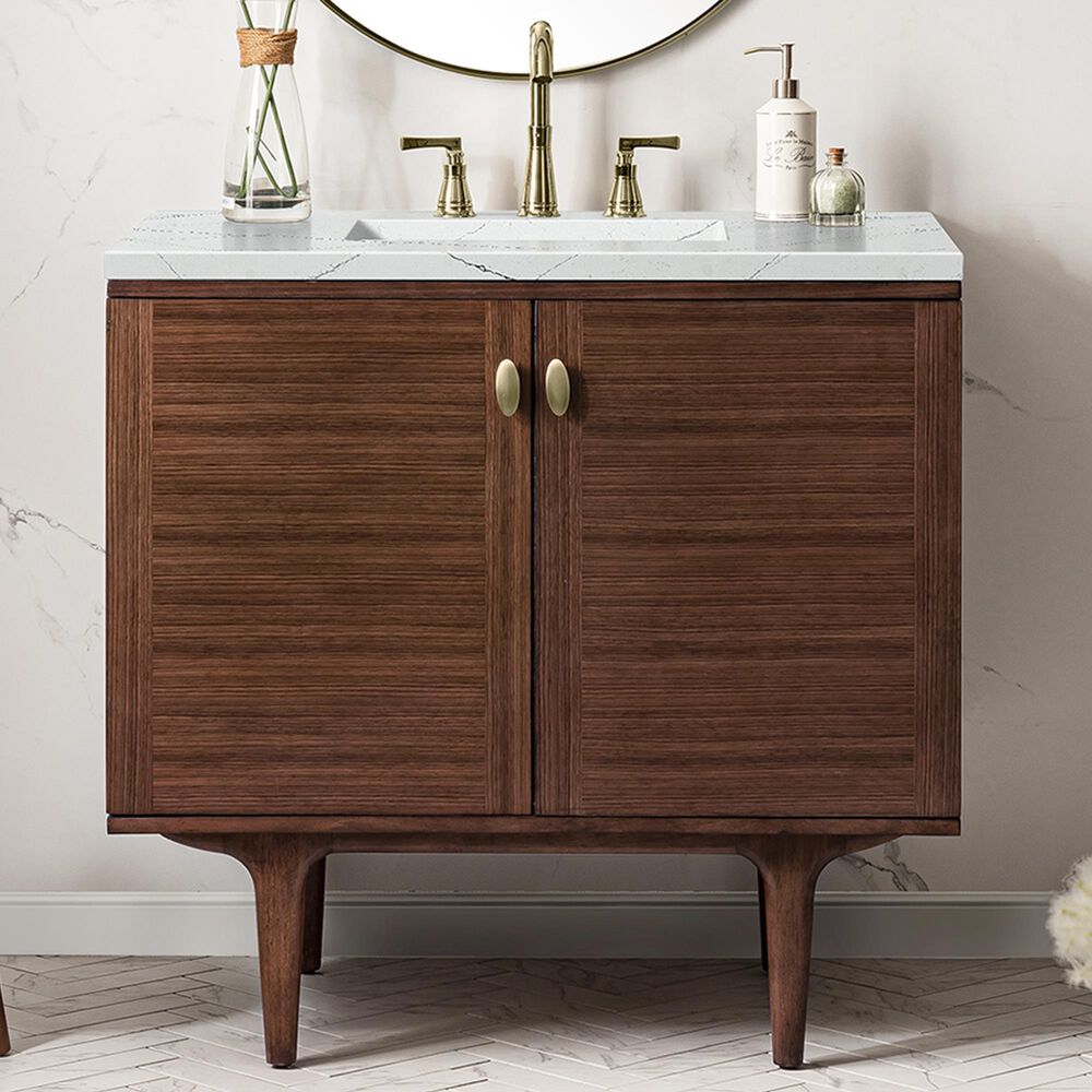 James Martin Vanities Amberly 36&quot; Single Bathroom Vanity in Walnut with 3 cm Ethereal Noctis Quartz Top and Rectangular Sink, , large