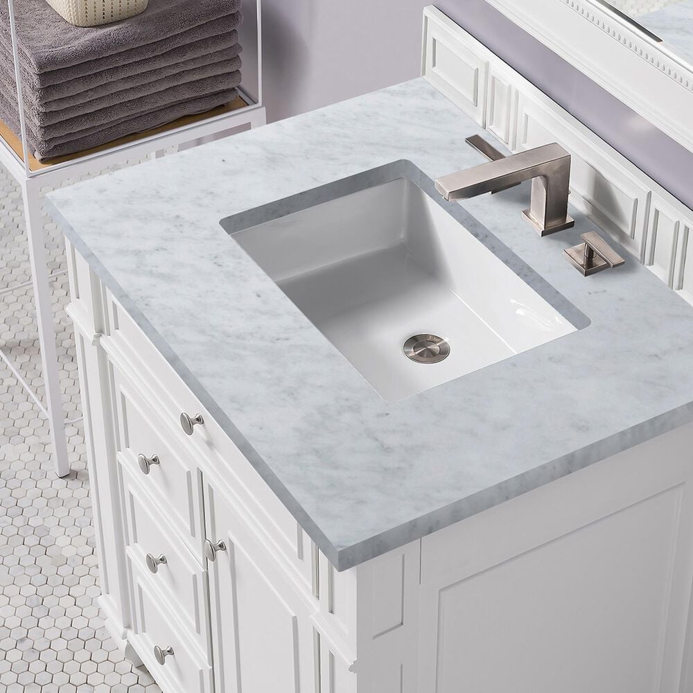 James Martin Vanities Bristol 30&quot; Single Bathroom Vanity in Bright White with 3 cm Carrara White Marble Top and Rectangular Sink, , large