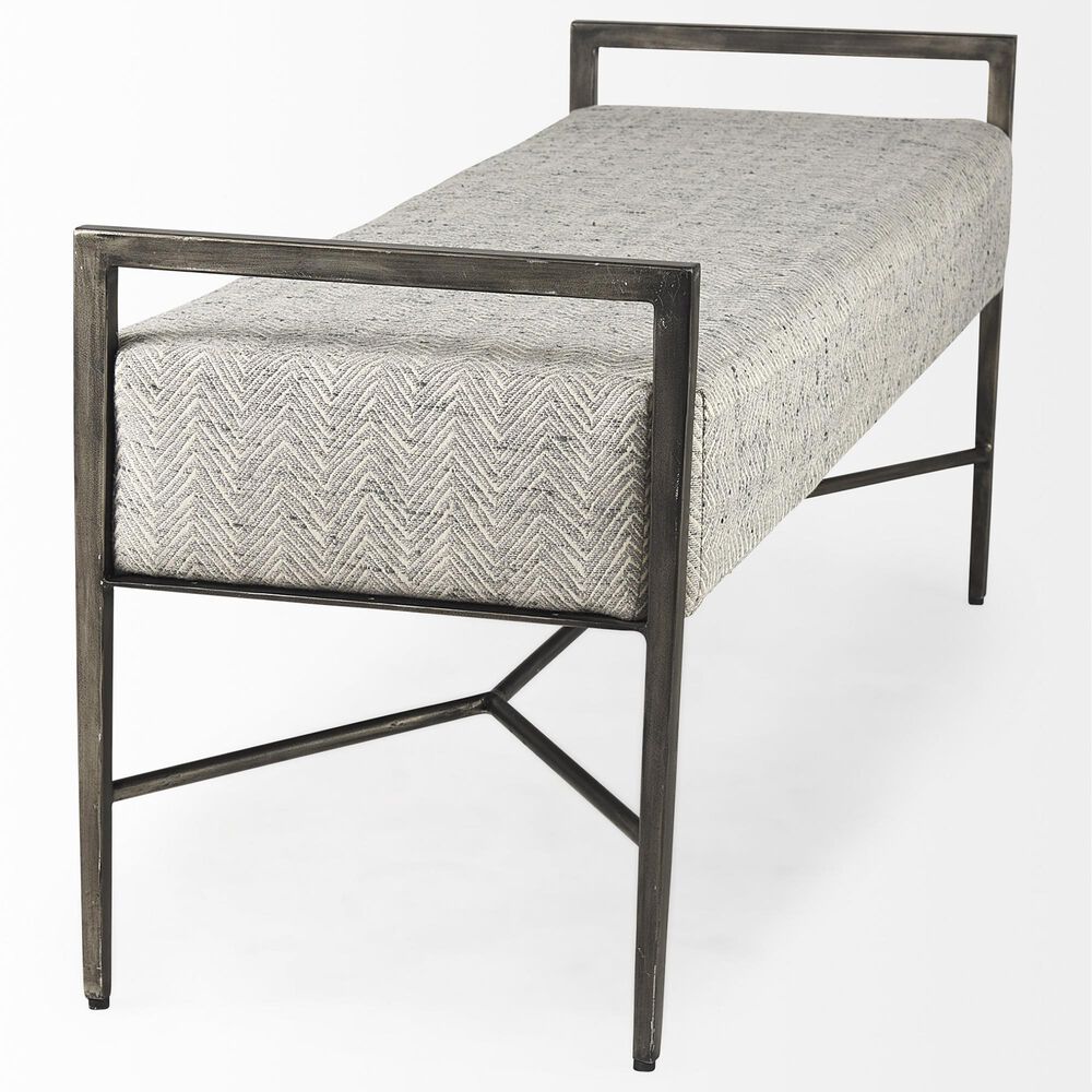 Mercana Charlotte Bench with Gray Herringbone Fabric Cushion Seat in Antique Nickel, , large