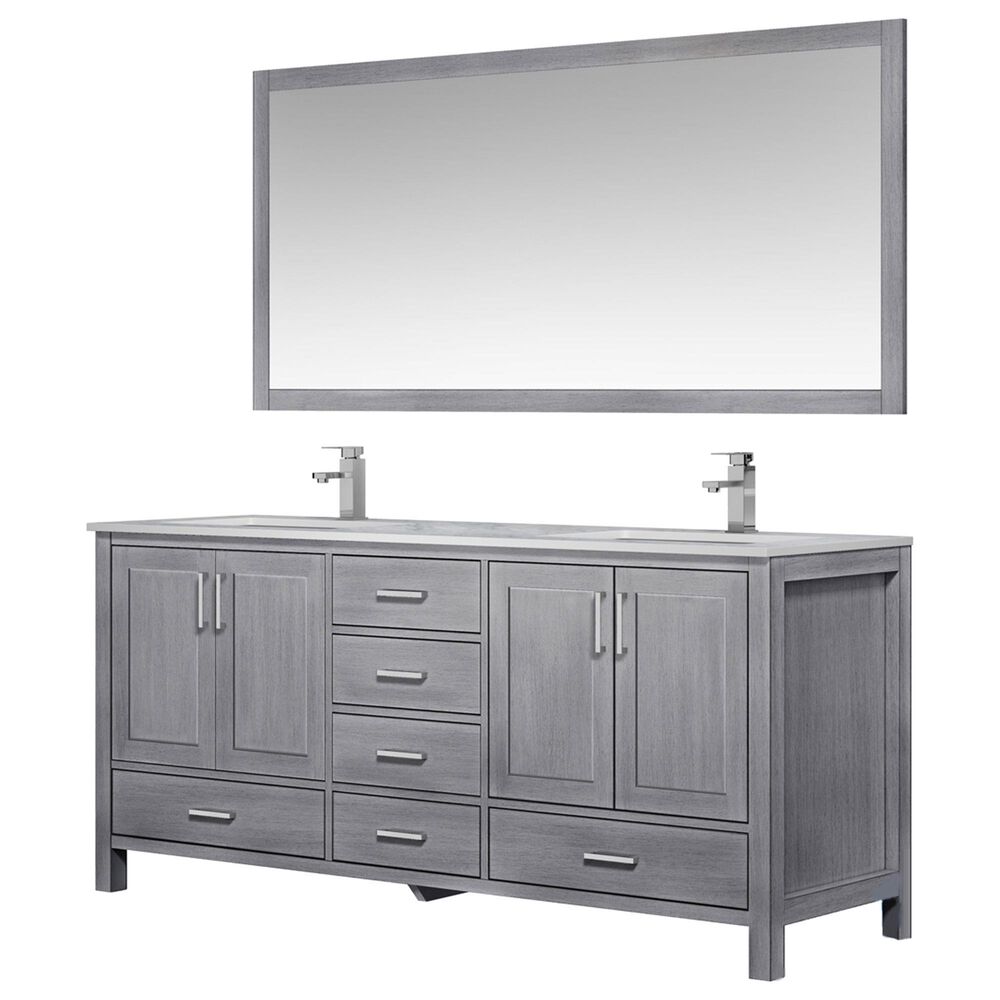 Lexora Home Jacques 72" Double Bathroom Vanity in Distressed Grey with White Carrara Marble Top, Rectangle Sinks, Chrome Faucets and Mirror, , large