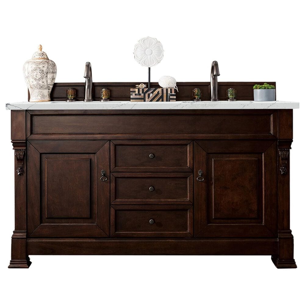 James Martin Vanities Brookfield 60" Double Bathroom Vanity in Burnished Mahogany with 3 cm Ethereal Noctis Quartz Top and Rectangle Sinks, , large