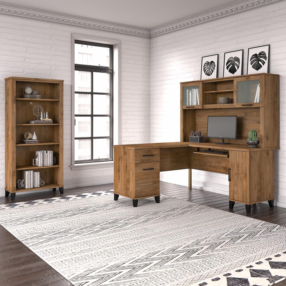 Bush Somerset 60&quot; L-Shaped Desk with Hutch in Fresh Walnut, , large