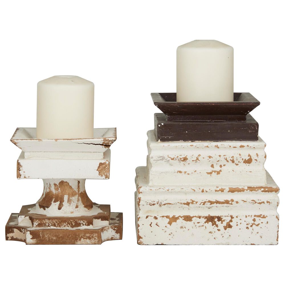 Maple and Jade Candle Holder in Distressed White and Brown (Set of 2) NFM