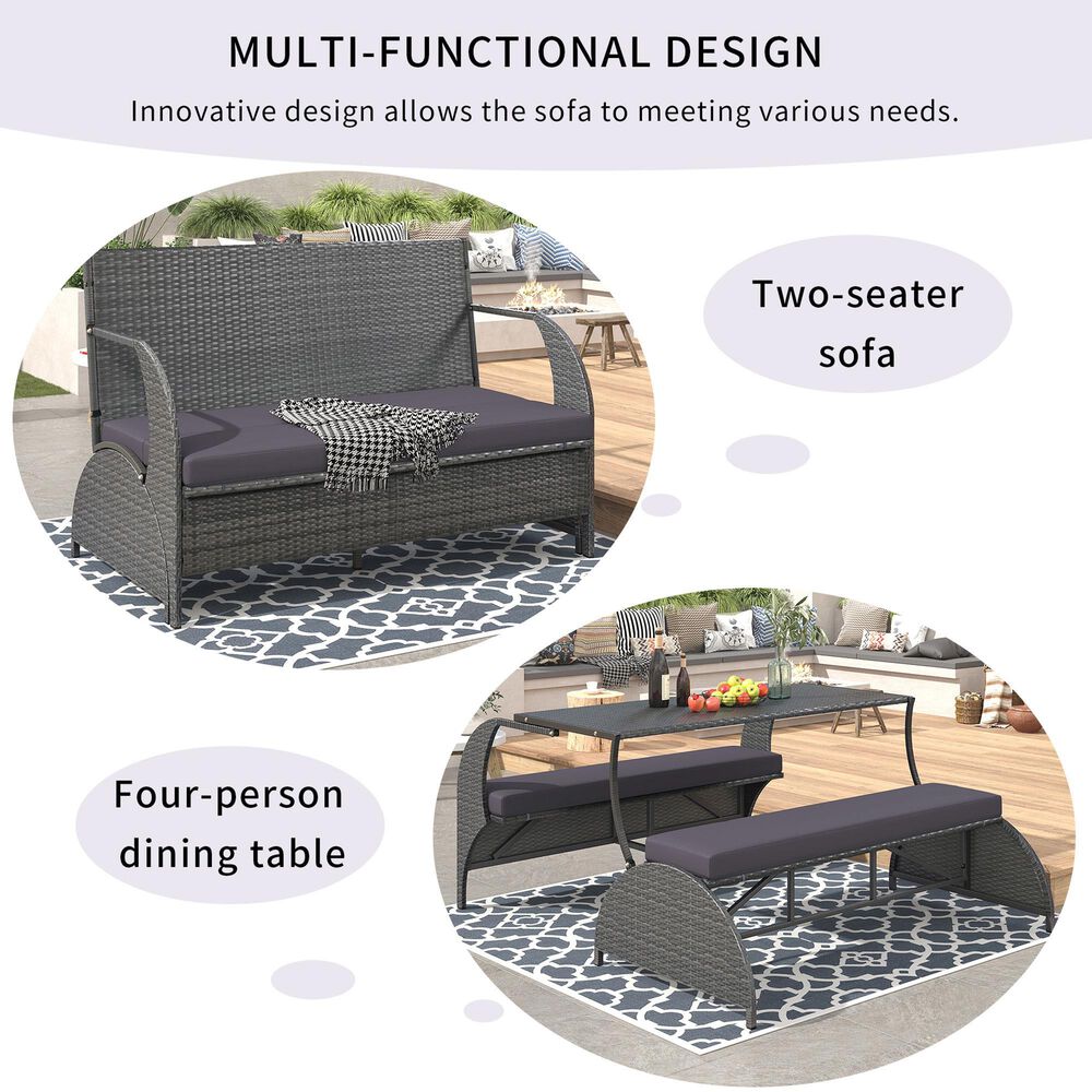 Hearth and Haven U Style Outdoor Loveseat with Convertible Seating in Gray, , large