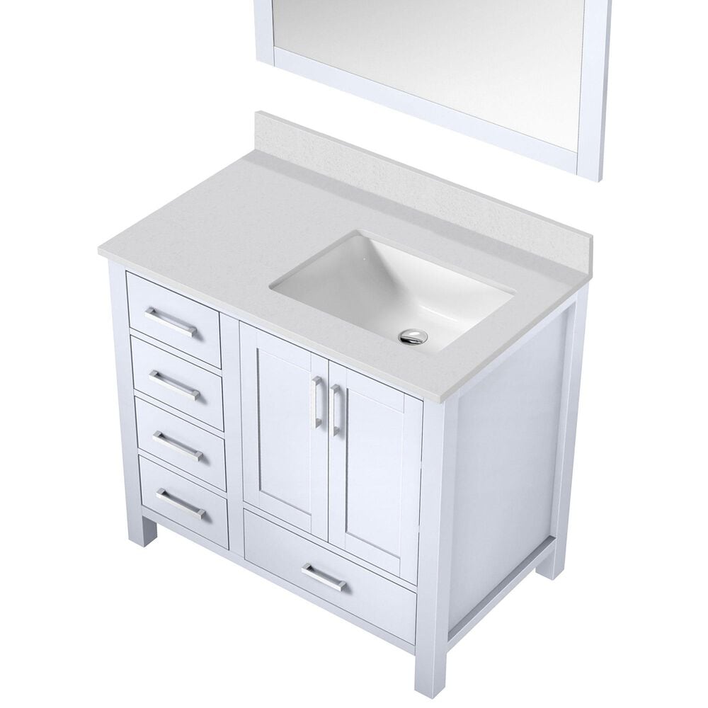 Lexora Home Jacques 36&quot; Right Offset Single Bathroom Vanity in Distressed Grey with 2 cm White Quartz Top, Rectangular Sink and 34&quot; Mirror, , large