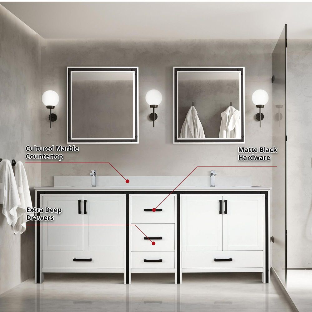 Lexora Home Ziva 84&quot; Double Bathroom Vanity in White with 2 cm White Cultured Marble Top and Rectangular Sinks, , large