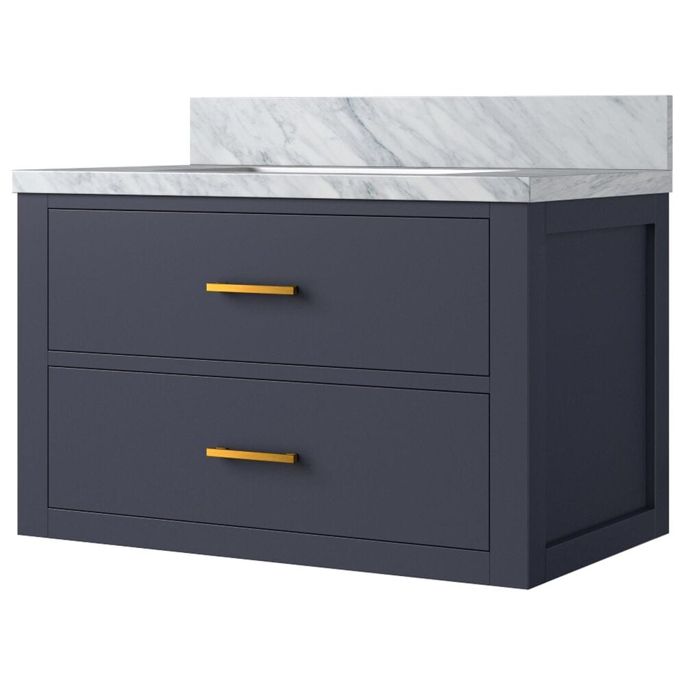 Lexora Home Castor 30" Single Bathroom Vanity in Blue with 2 cm White Carrara Marble Top and Rectangular Sink, , large