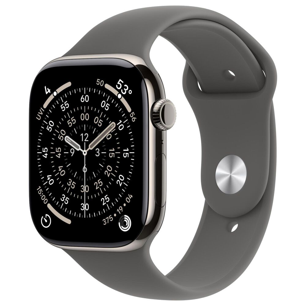 Apple Watch Series 11 (GPS+Cellular) 46mm Titanium Case with Stone Gray Sport Band - S/M in Natural and 2-Year AppleCare+, , large