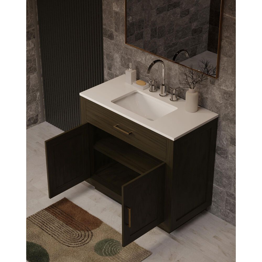 Lexora Home Abbey 36&quot; Single Bathroom Vanity in Brown Oak with 2 cm White Cultured Marble Top and Rectangular Sink, , large