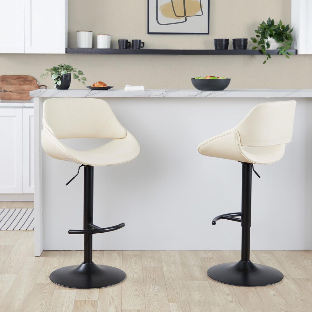LumiSource Fabrico Swivel Adjustable Bar Stool with Cream Faux Leather Upholstery and Rounded T Footrest in Black (Set of 2), , large