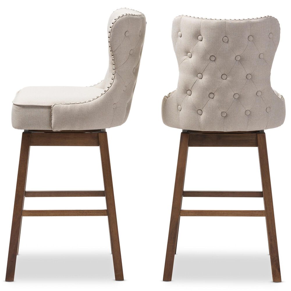 Baxton Studio Gradisca Swivel Bar Stool with Light Beige Cushion in Dark Walnut (Set of 2), , large