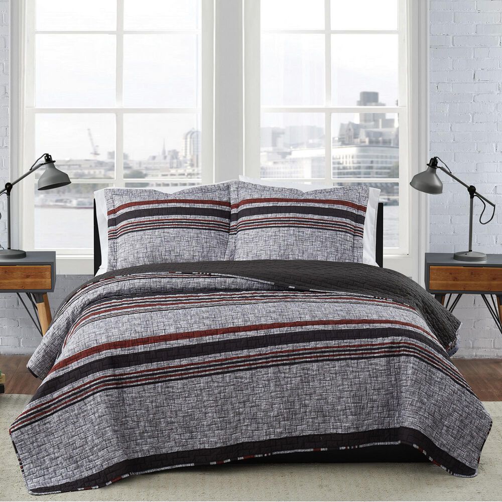 Pem America London Fog Warren 3-Piece Full/Queen Quilt Set in Grey and Black, , large