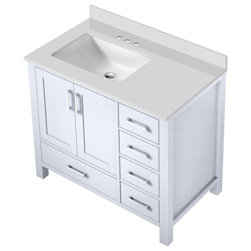 Lexora Home Jacques 36&quot; Left Offset Single Bathroom Vanity in White with 2 cm White Quartz Top and Rectangular Sink, , large