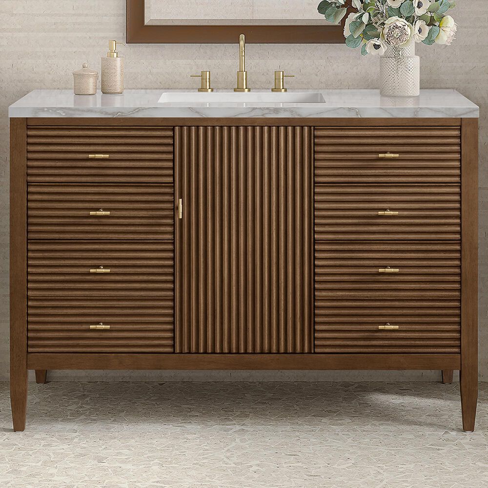James Martin Vanities Myrrin 48&quot; Vanity in Mid-Century Walnut with 3 cm White Zeus Quartz Top, , large