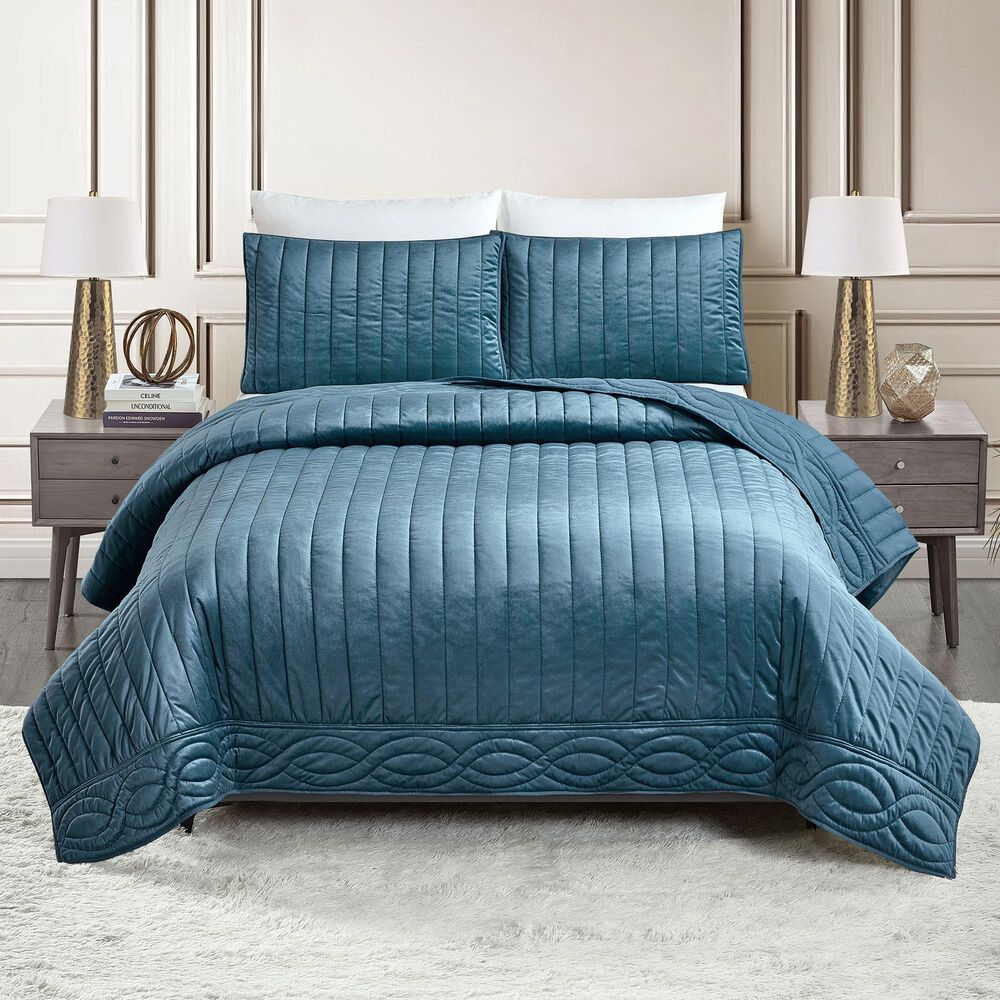 Peking Handicraft Velvet Cable Luxury 3-Piece Full/Queen Quilt Set in Blue, , large