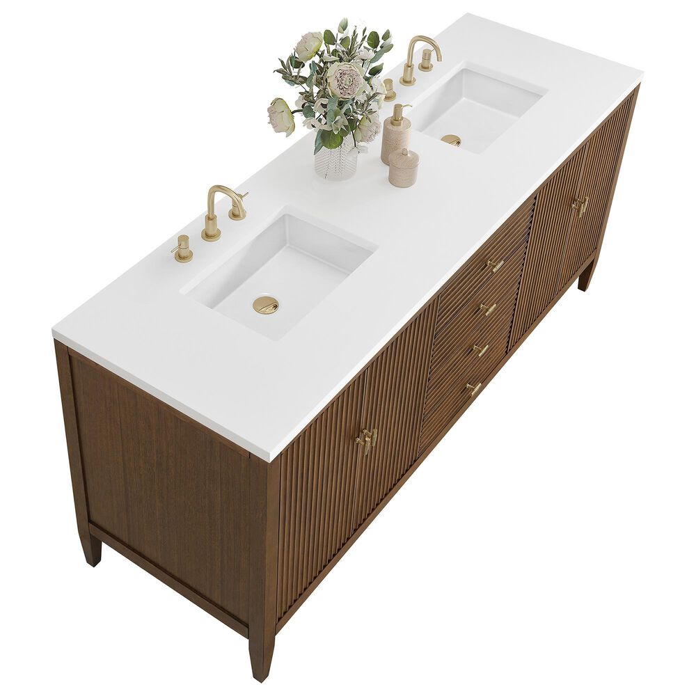 James Martin Vanities Myrrin 72&quot; Double Vanity in Mid-Century Walnut with 3 cm White Zeus Quartz Top, , large