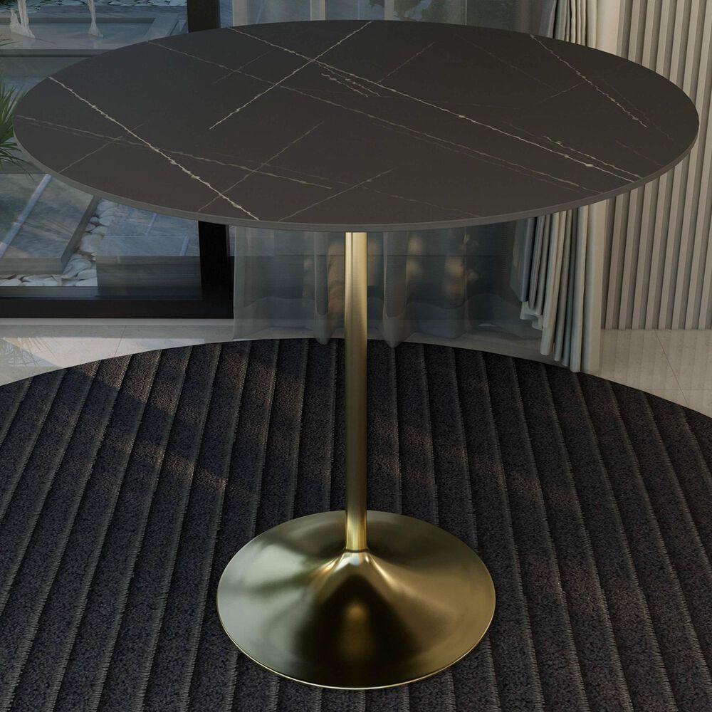 Leisuremod LeisureMod Verve Collection Modern Bar Height Table Brushed Gold Base with 48 Round Black Marbelized Sintered Stone Top, , large