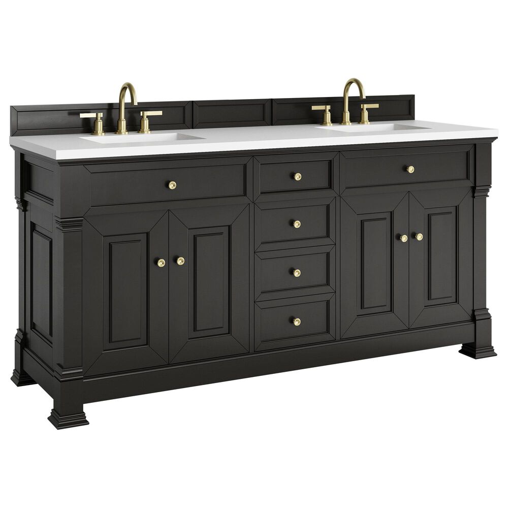 James Martin Vanities Brookfield 72" Double Bathroom Vanity in Black Onyx with 3cm White Zeus Quartz Top and Rectangular Sinks, , large