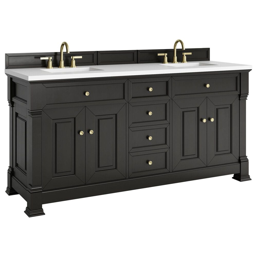 James Martin Vanities Brookfield 72" Double Bathroom Vanity in Black Onyx with 3cm White Zeus Quartz Top and Rectangular Sinks, , large