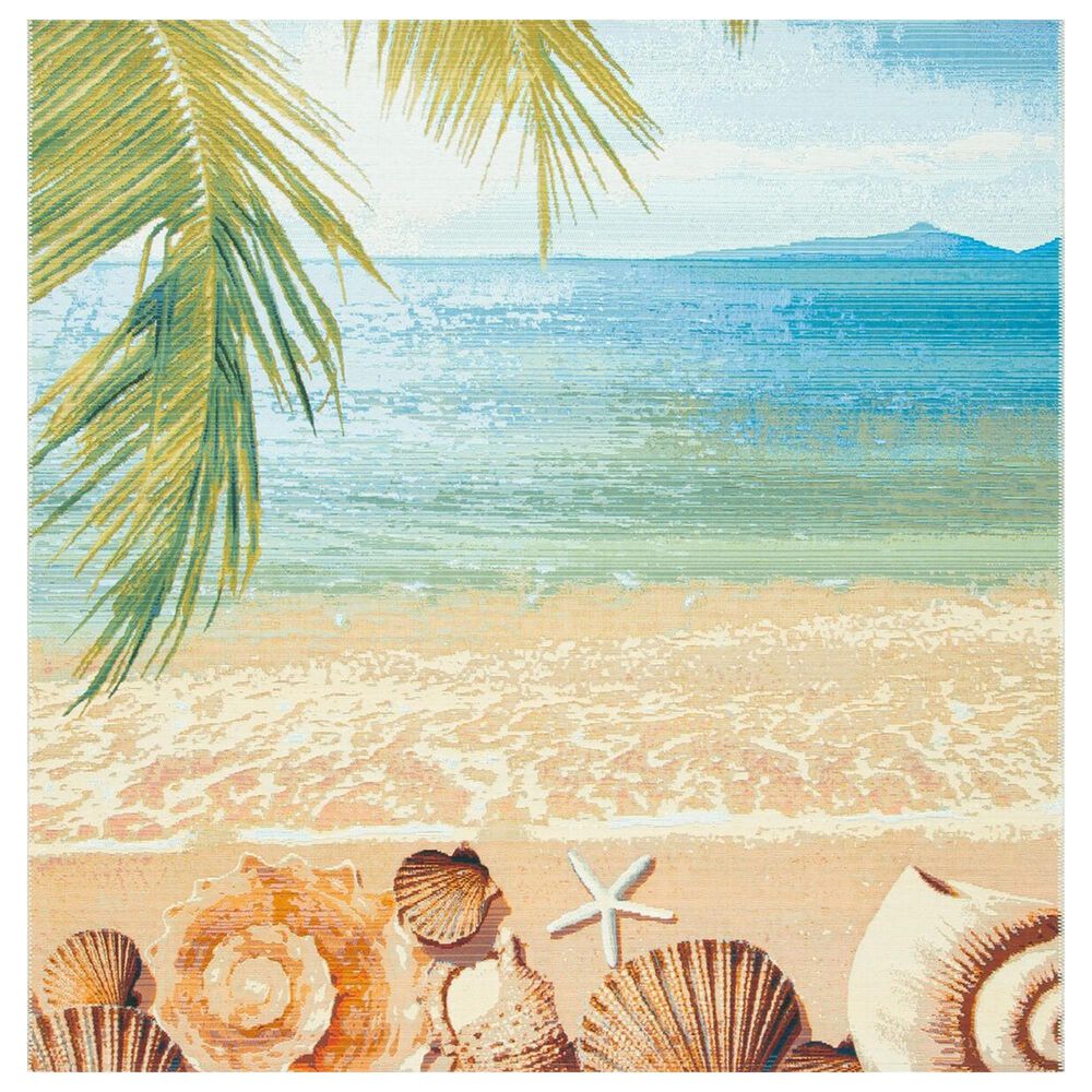 Safavieh Barbados Tropical Beach Seashell 6"6" Square Gold and Blue Indoor/Outdoor Area Rug, , large