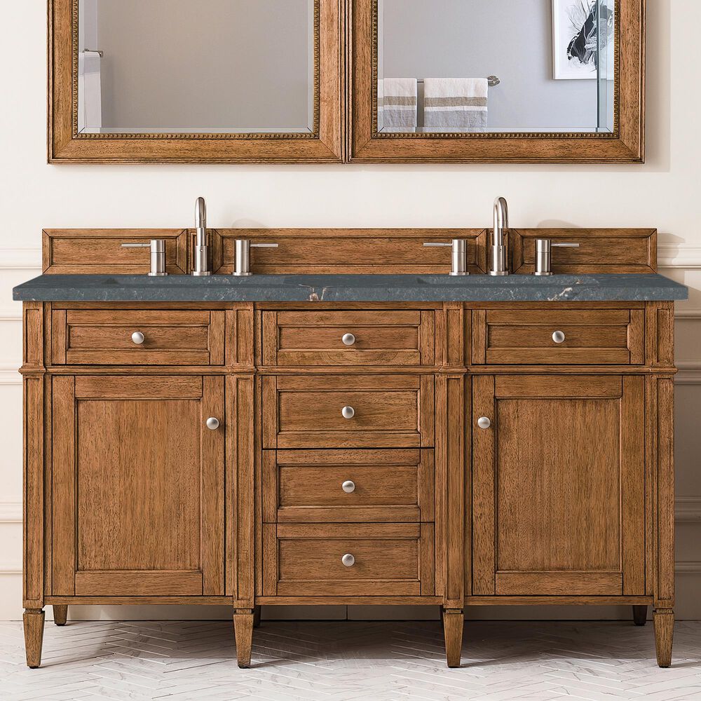 James Martin Vanities Brittany 60&quot; Double Bathroom Vanity in Saddle Brown with 3 cm Parisien Bleu Quartz Top and Rectangular Sinks, , large