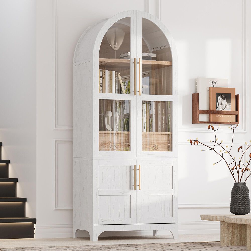 HOMLUX 71" Tall Arched Kitchen Pantry Cabinet with Door Shelves, Farmhouse Kitchen Storage Cabinet with Open &amp; Adjustable Shelves, Hidden Drawer &amp; Glass Door, Cupboard for Kitchen, Dining Room, White, , large