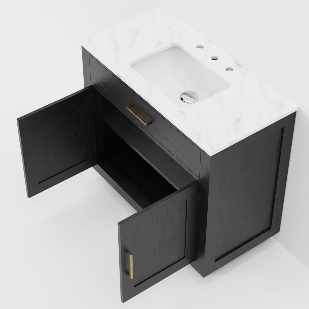Lexora Home Abbey 36" Single Bathroom Vanity in Black Oak with 2 cm White Carrara Marble Top and Rectangular Sink, , large