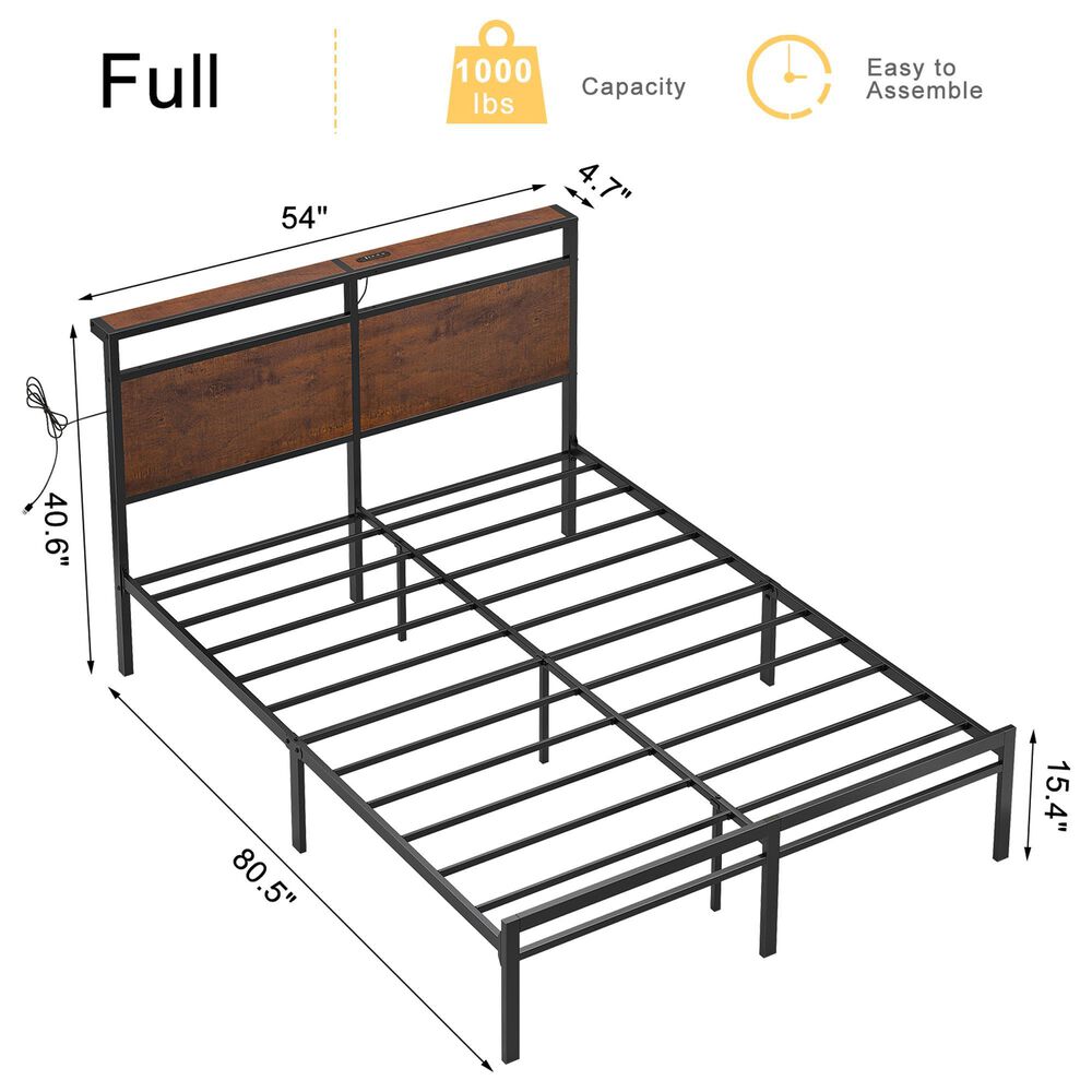 HOMLUX Full Platform Bed with LED Headboard in Rustic Brown, , large