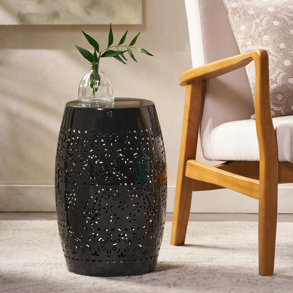 Hearth and Haven Ruby Outdoor Barrel End Table with Lace-Cut Design in Black, , large