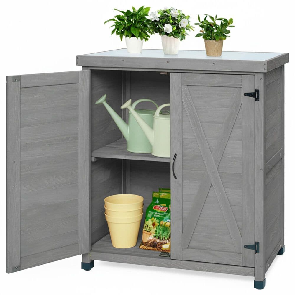 Hearth and Haven Outdoor Wooden Storage Cabinet with Metal Top and Adjustable Protective Footpad in Gray, , large