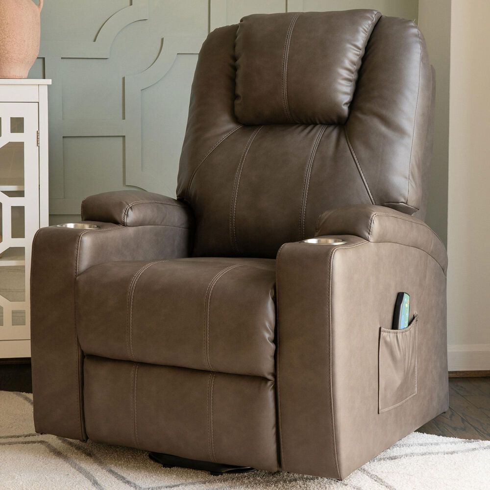 Linon Home Decor Peoria Power Lift Recliner in Mushroom, , large