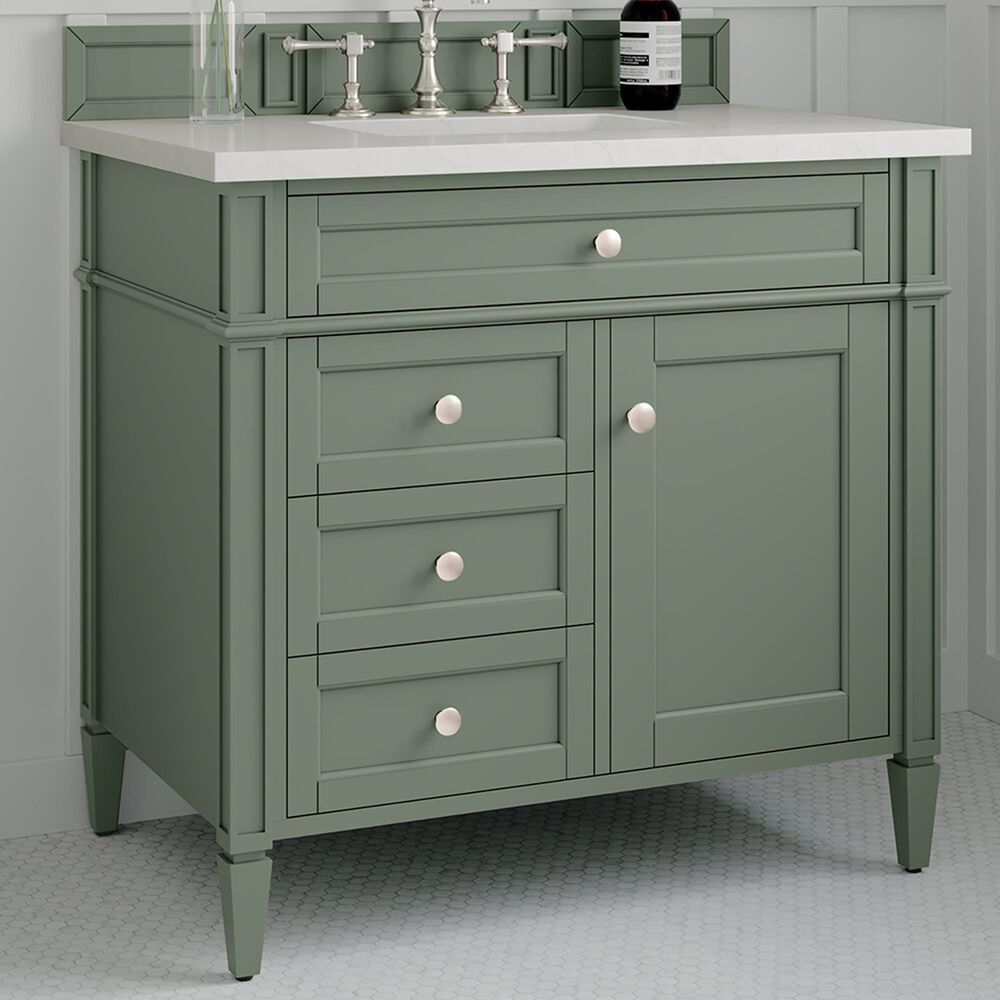 James Martin Vanities Brittany 36" Single Bathroom Vanity in Smokey Celadon with 3 cm White Zeus Quartz Top and Rectangular Sink, , large