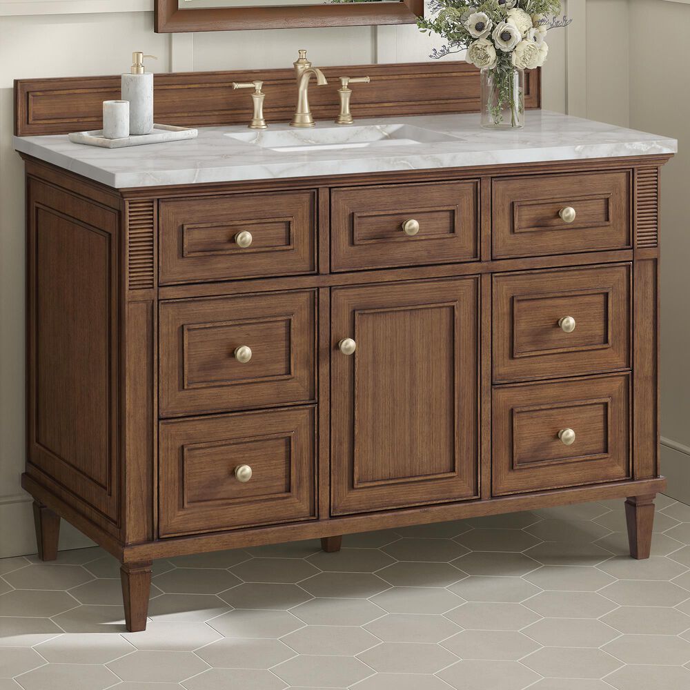 James Martin Vanities Lorelai 48" Single Bathroom Vanity in Mid-Century Walnut with 3 cm Eternal Jasmine Pearl Silestone Top, Rectangular Sink and FreePower Wireless Charger, , large