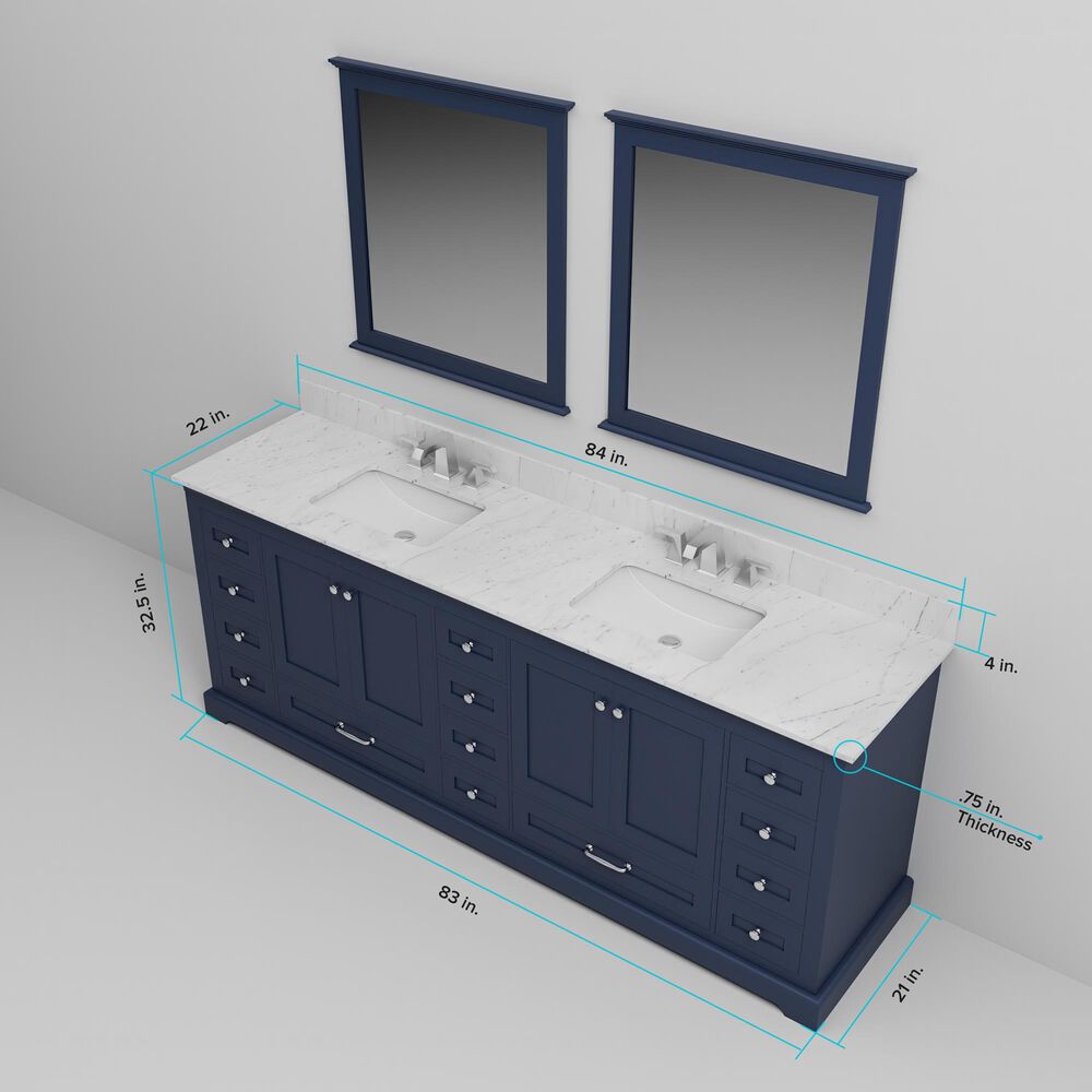 Lexora Home Dukes 84&quot; Double Bathroom Vanity in Navy Blue with 2 cm White Carrara Marble Top and Rectangular Sinks, , large