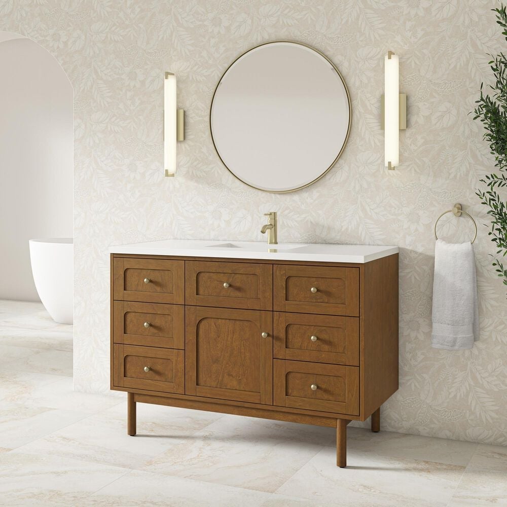 James Martin Laurent 48" Single Bathroom Vanity in Honey Oak with Single Hole 3 cm White Zeus Silestone Top and Rectangular Sink, , large