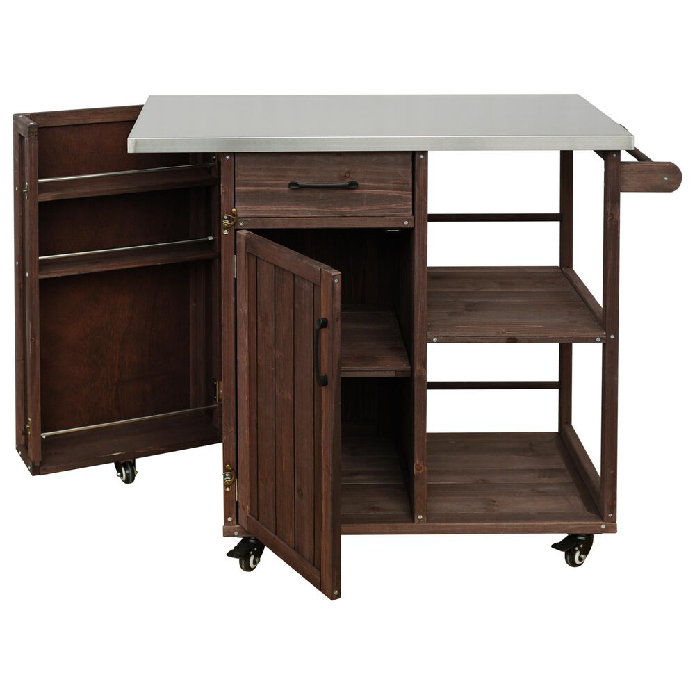 Hearth and Haven Outdoor Kitchen Island Cart with Stainless Steel Top, Towel and Spice Racks in Dark Brown, , large