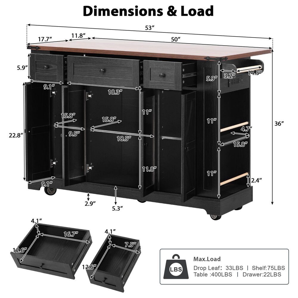 HOMLUX 53" Farmhouse Kitchen Island with Two Tempered Glass Cabinet Doors in Black, , large
