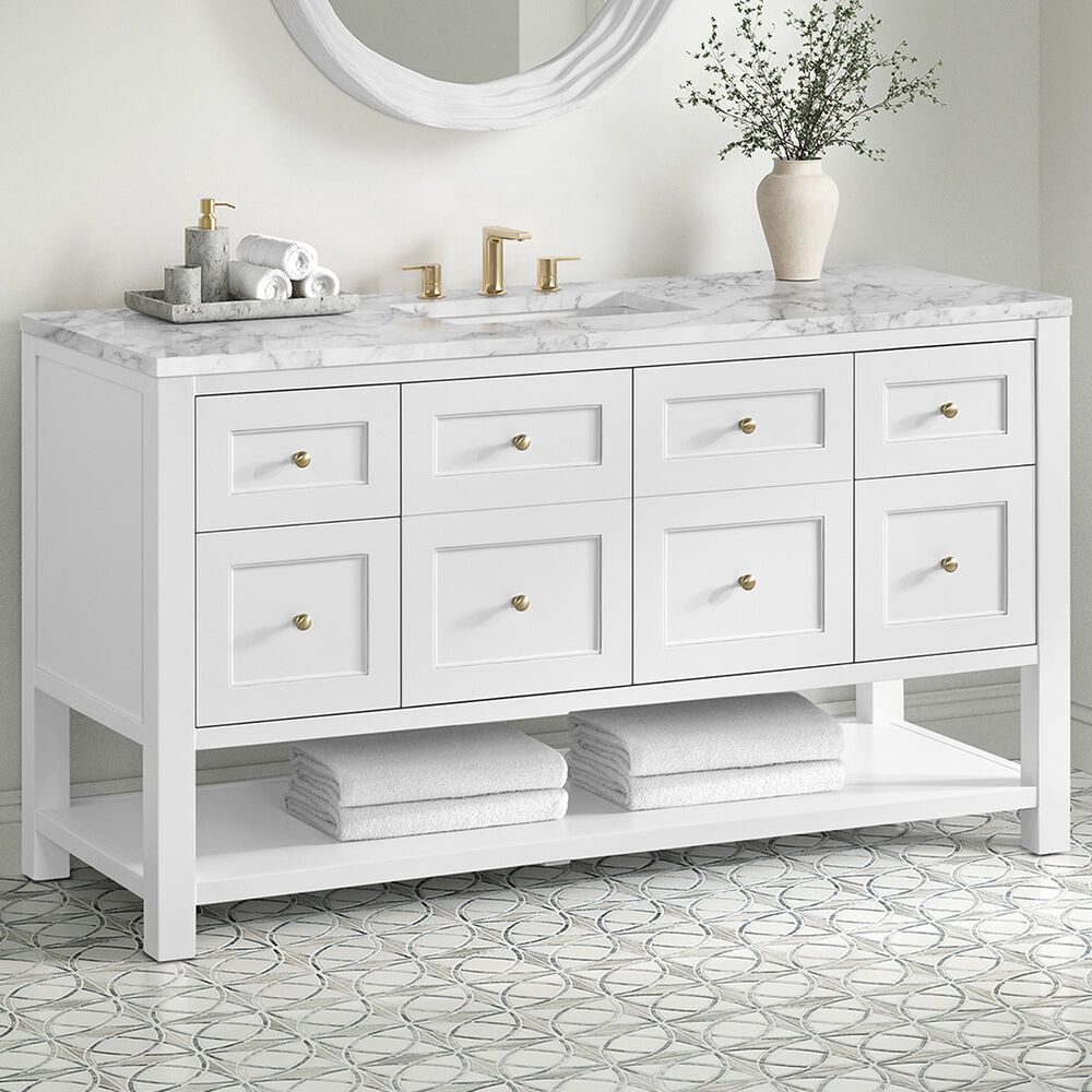 James Martin Vanities Breckenridge 60" Single Bathroom Vanity in Bright White with 3 cm Carrara White Marble Top and Rectangular Sink, , large