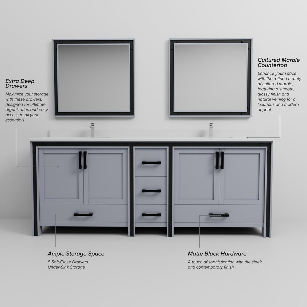 Lexora Home Ziva 84" Double Bathroom Vanity in Dark Grey with 2 cm White Cultured Marble Top and Rectangular Sinks, , large