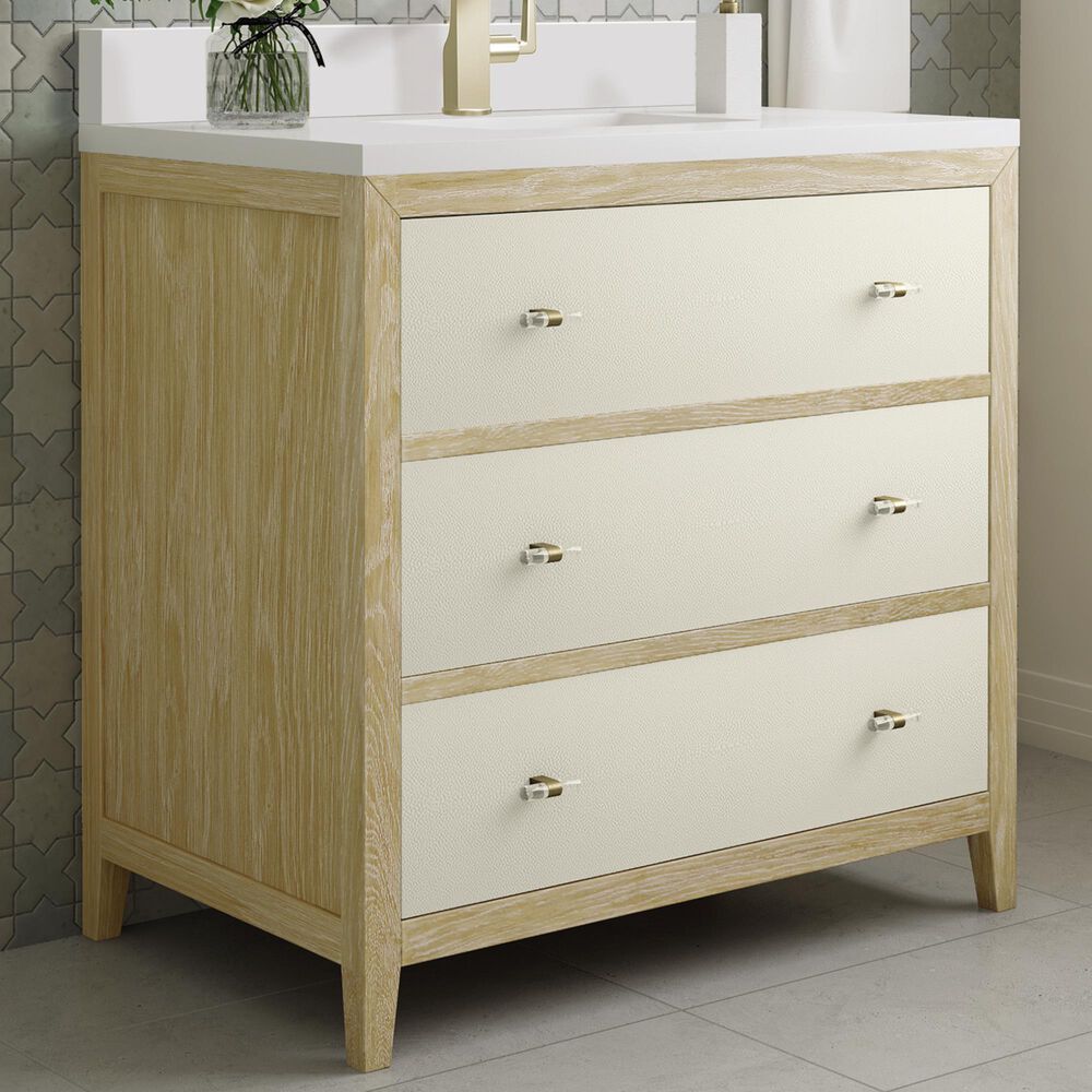 James Martin Vanities Celeste 36&quot; Single Vanity in Sun-washed Oak with Embossed Shagreen and with Single Hole 3 cm White Zeus Quartz Top &amp; Backsplash, , large