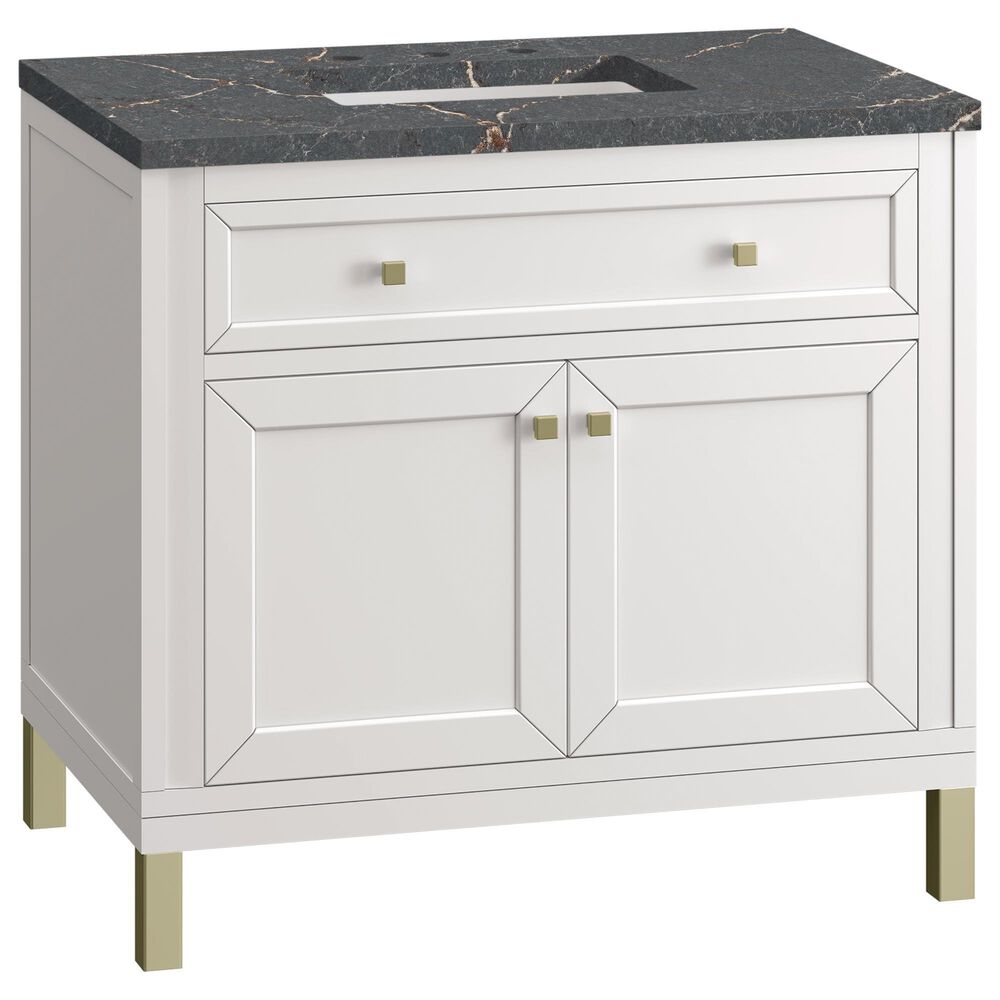 James Martin Vanities Chicago 36" Single Bathroom Vanity in Glossy White with 3 cm Parisien Bleu Quartz Top and Rectangular Sink, , large